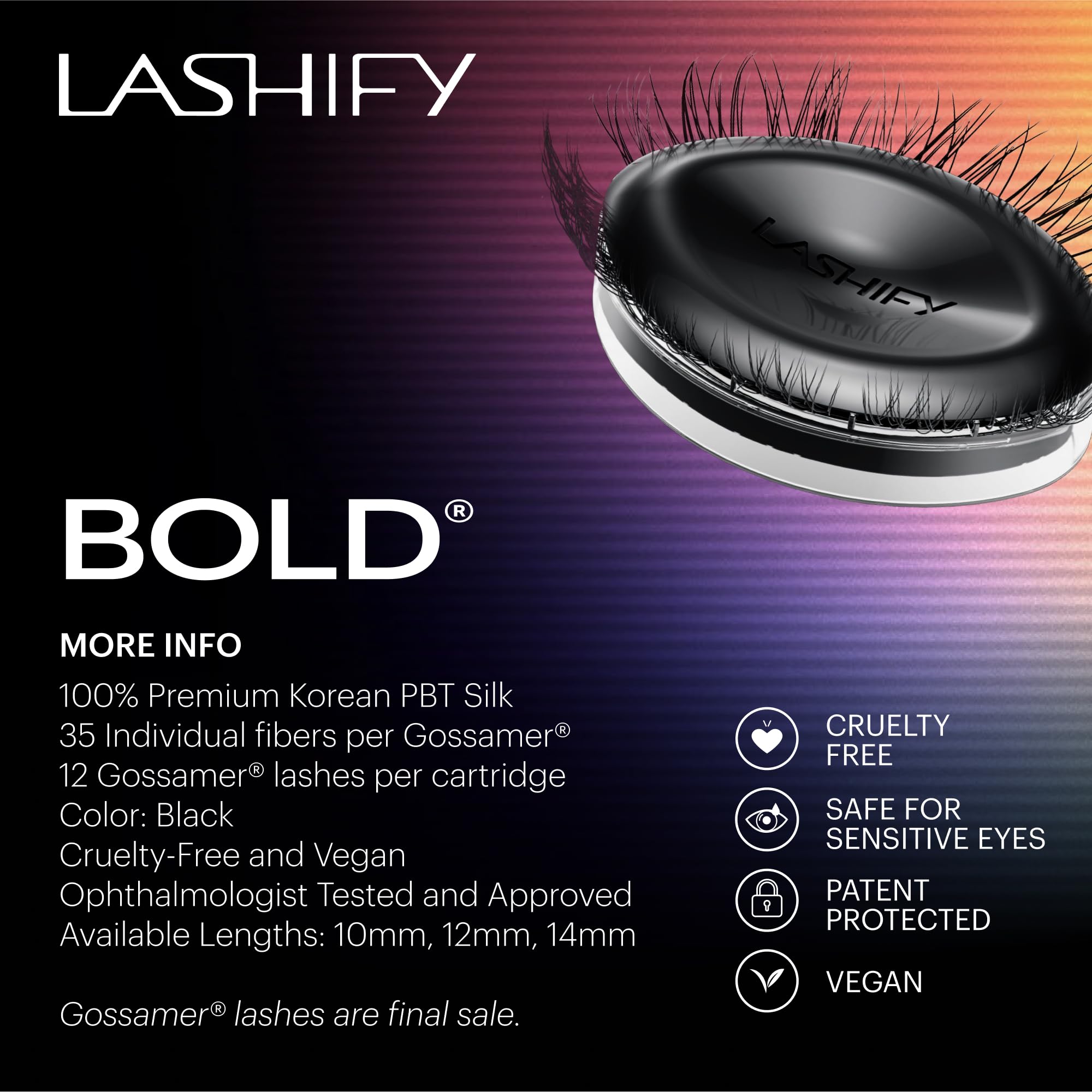 Lashify packaging label showing product name, length, and vegan PBT silk material
