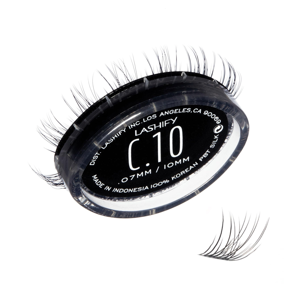 Lashify front packaging showing 10mm curl and easy refill benefit