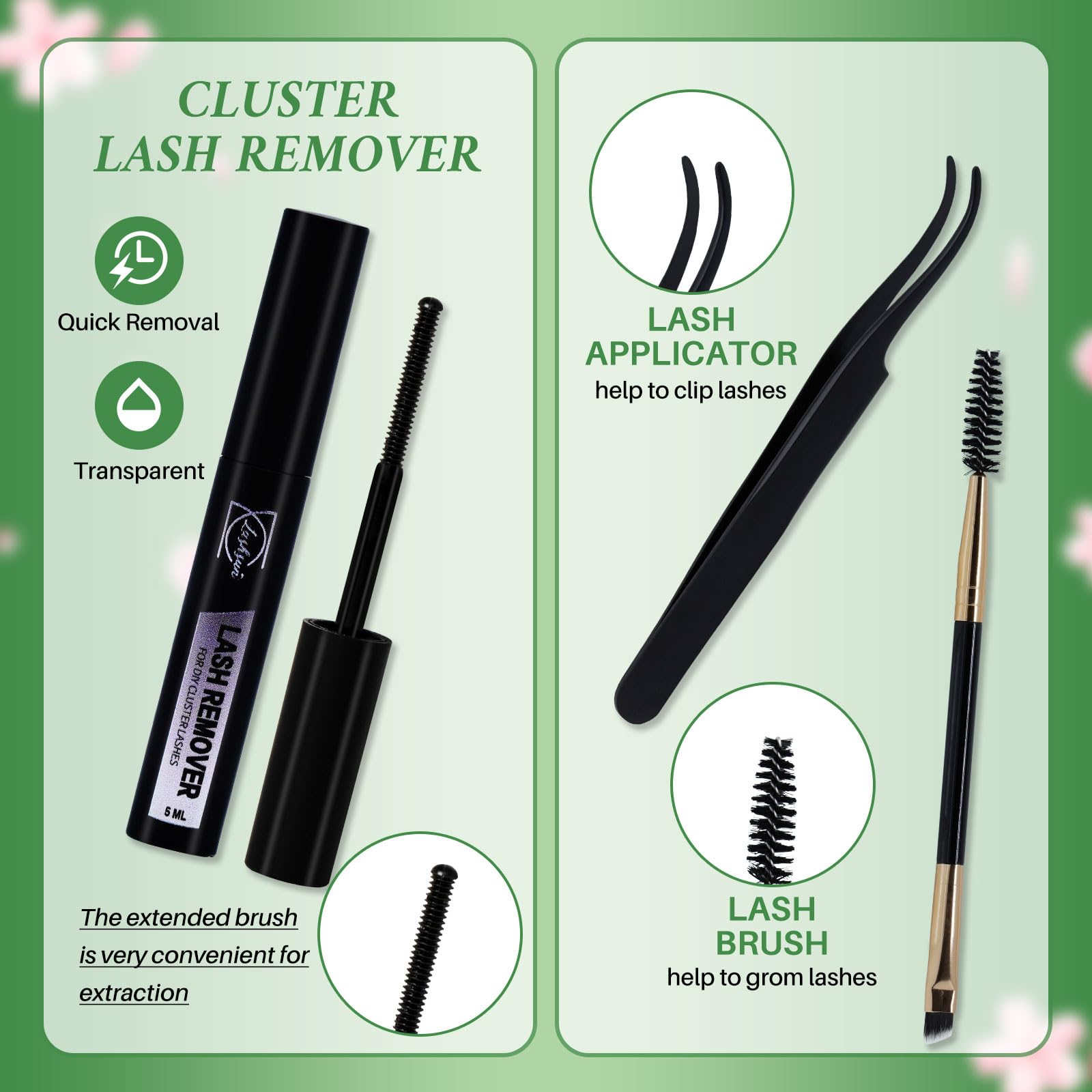 LASHSUN mascara brush and remover bottles demonstrating gentle, effective removal