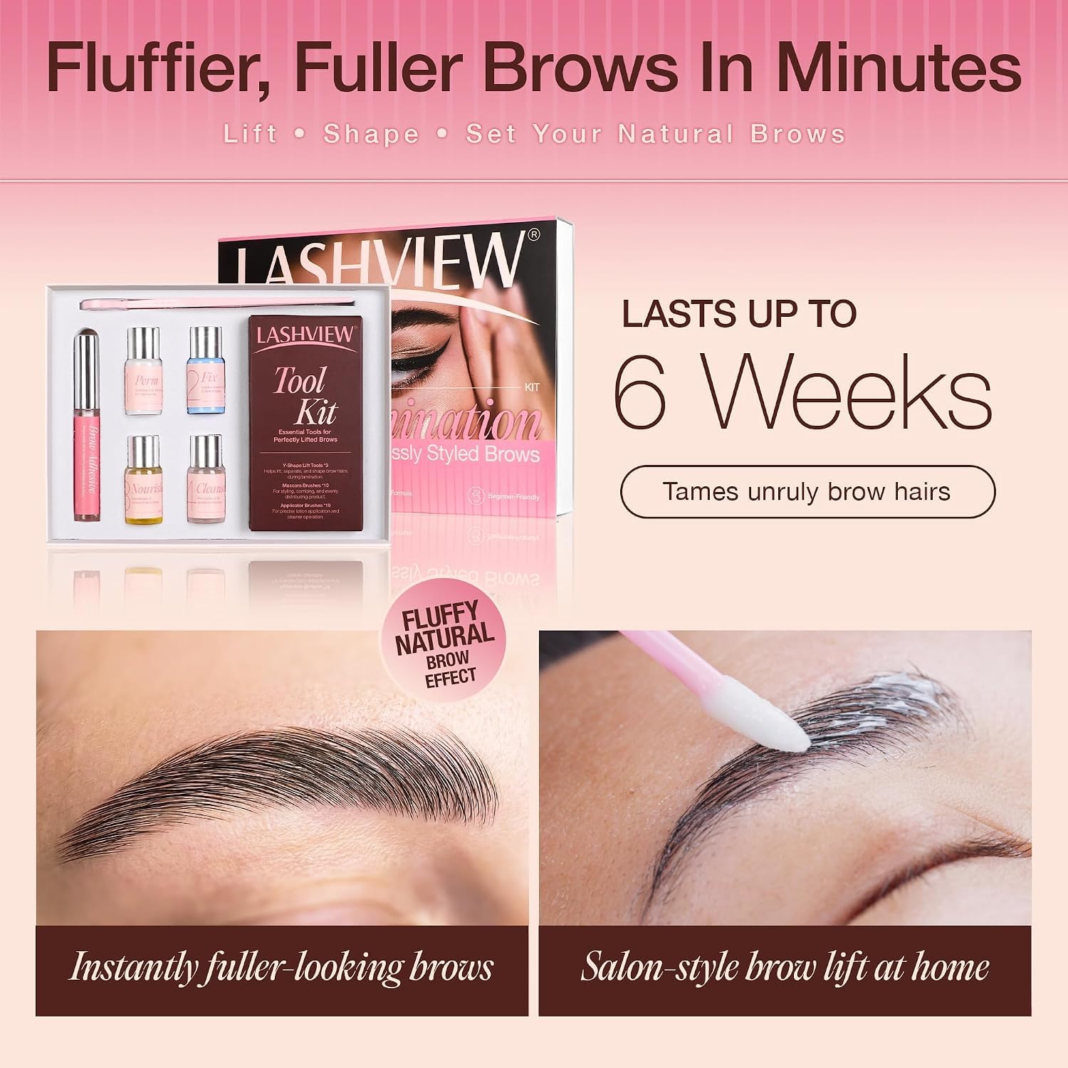 LASHVIEW before and after brows showing fuller, lifted result