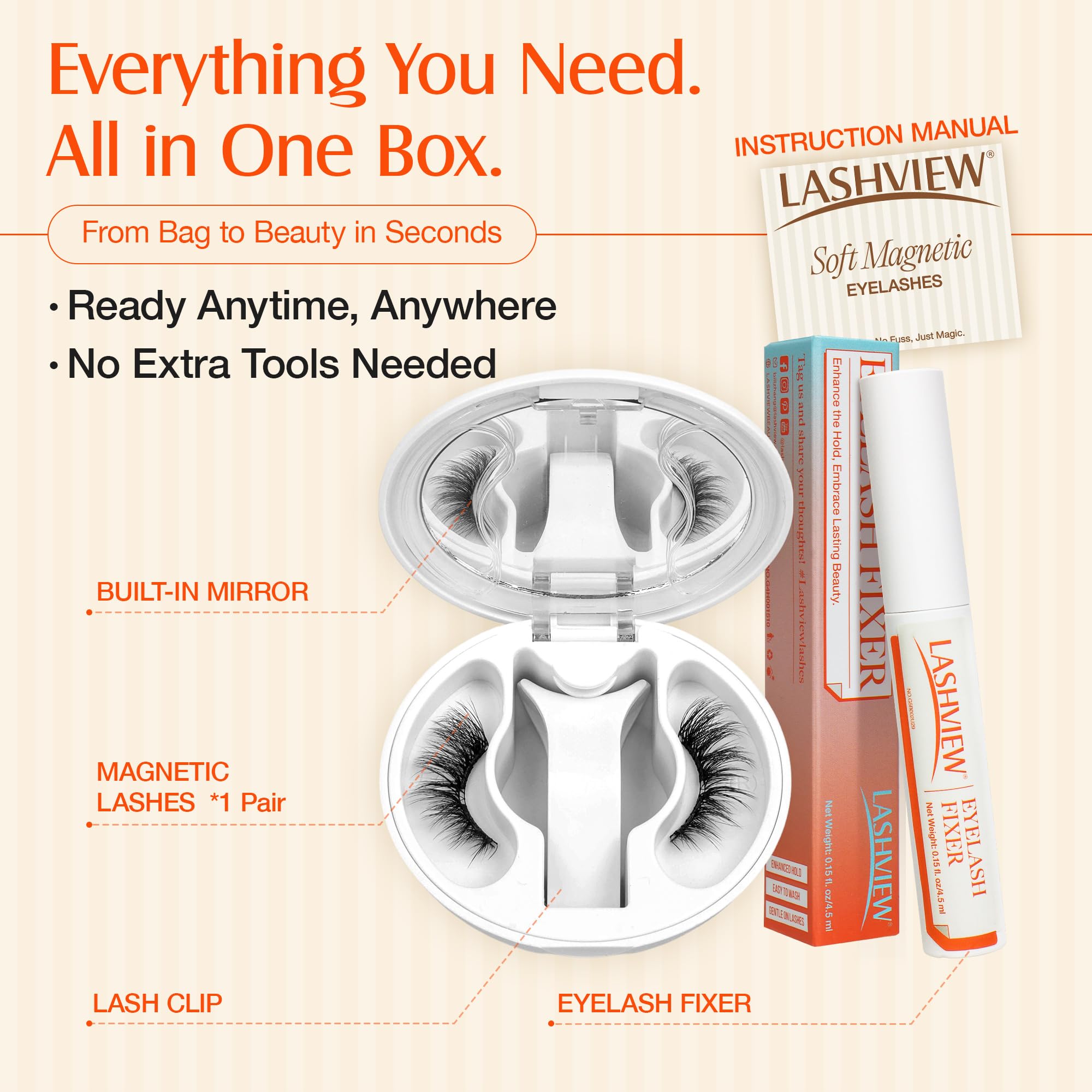 LASHVIEW travel case open with lashes, applicator, and fixer demonstrating all-in-one kit