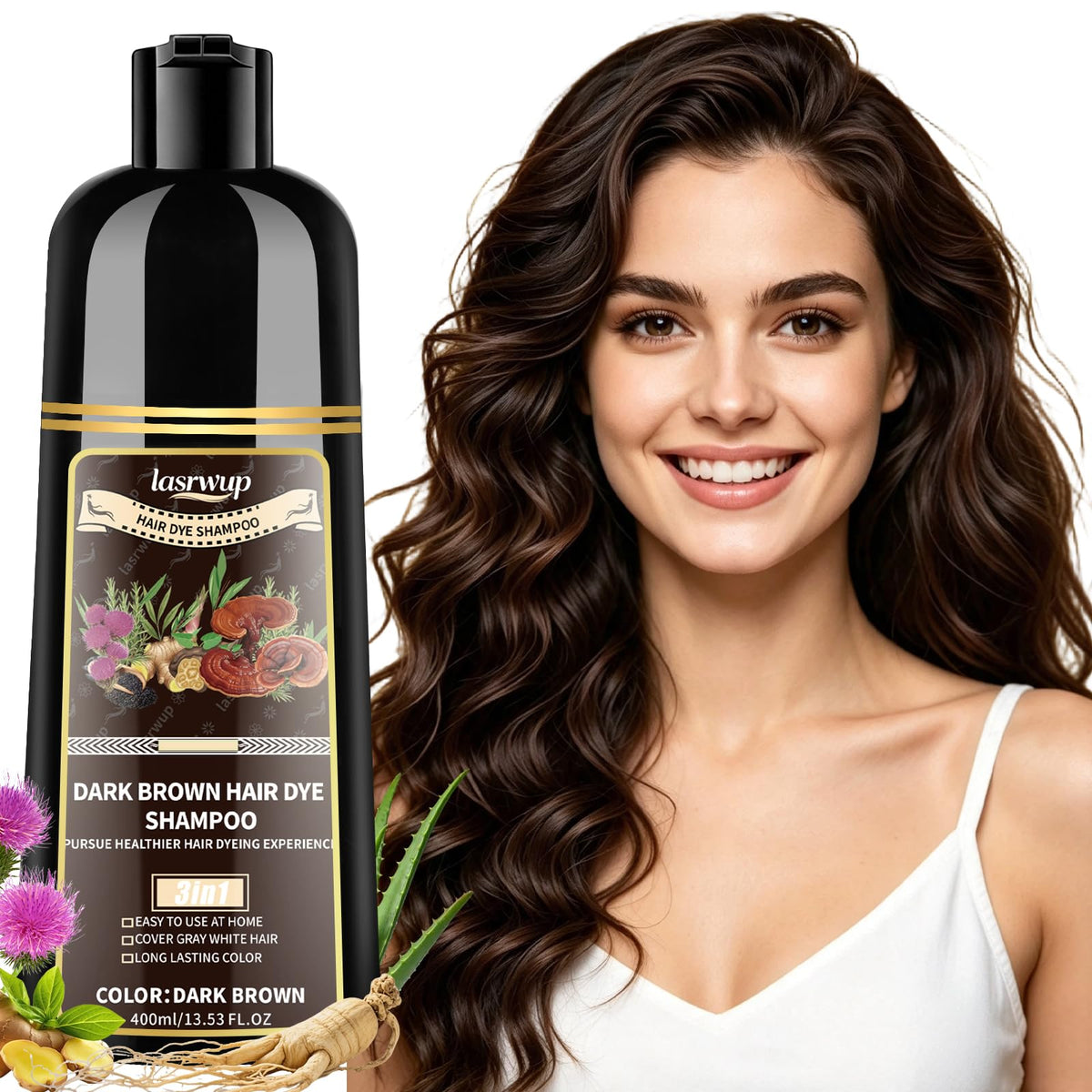 LASRWUP front packaging showing dark brown shampoo dye and benefits