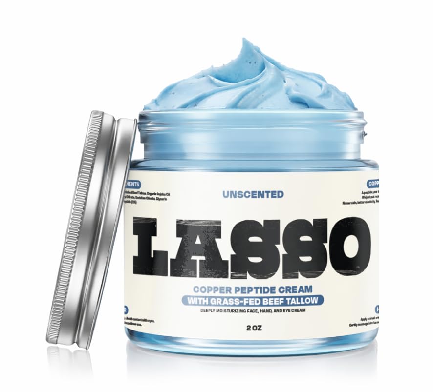 LASSO TALLOW front jar view showing clean unscented copper peptide cream benefit hydration