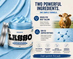 LASSO TALLOW ingredients flatlay showing tallow, honey and jojoba benefits for skin