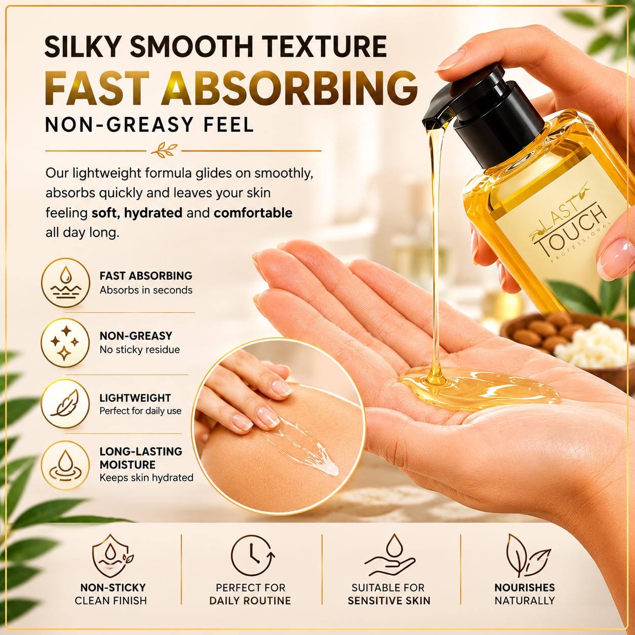 LAST TOUCH oil texture drop demonstrating lightweight absorbent consistency