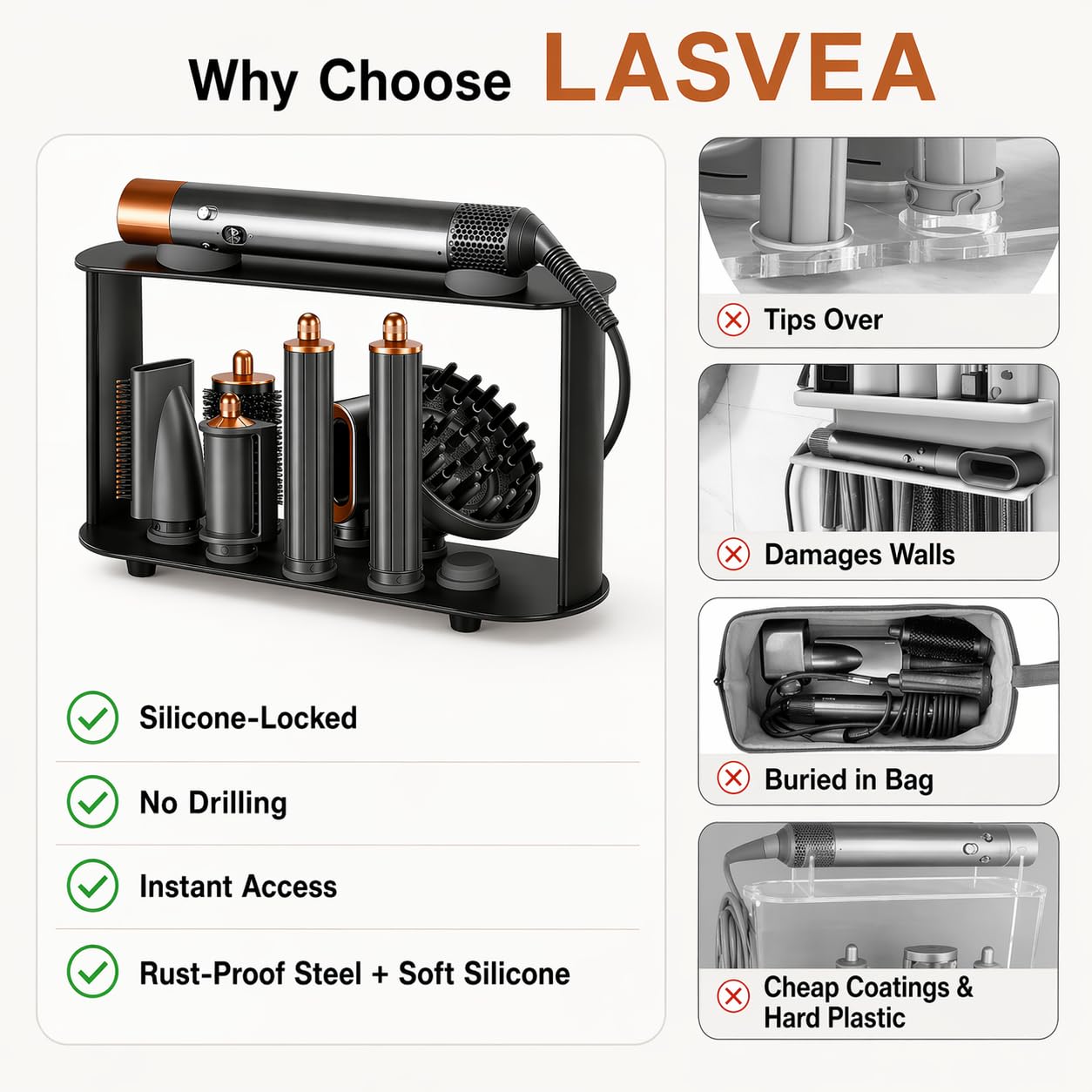 Lasvea top-down view showing eight slots for tidy attachment organization