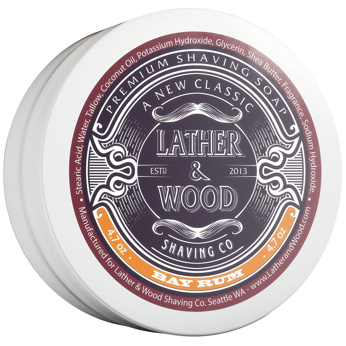 Lather & Wood front packaging showing bay rum shaving soap freshness