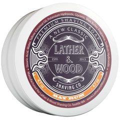 Lather & Wood front packaging showing bay rum shaving soap freshness