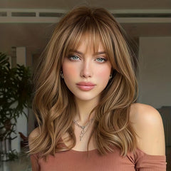 Lativ front view of brown highlight wig showing natural style and face-framing benefit