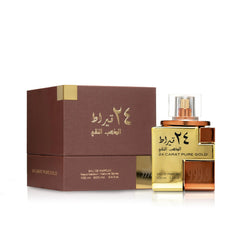 Lattafa angled bottle highlighting shape and luxurious gold accents