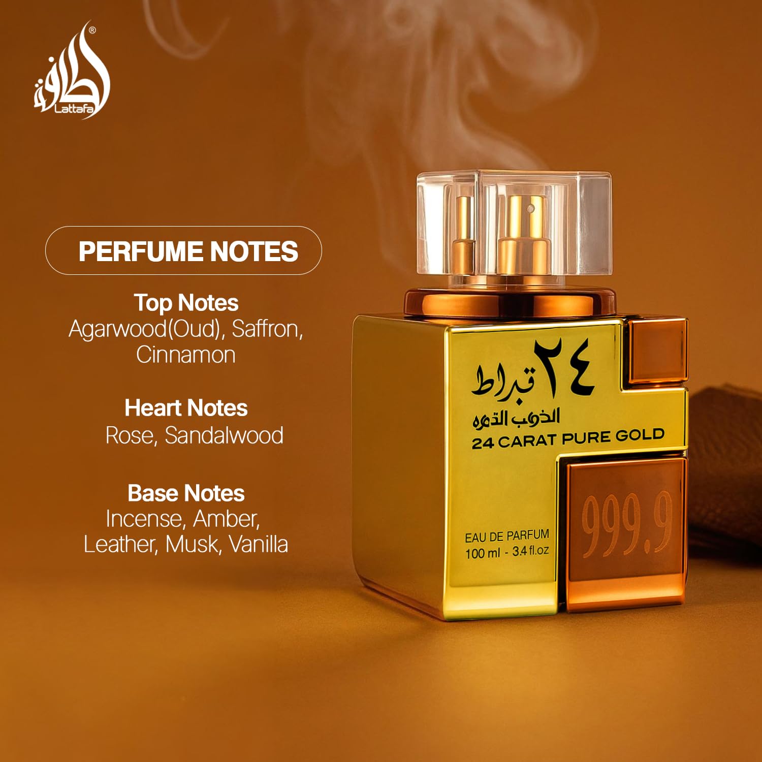 Lattafa label closeup listing oud, rose, saffron and vanilla notes for clarity