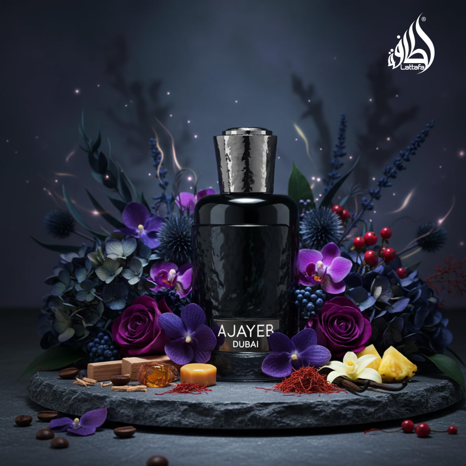 Lattafa Ajayeb Dubai ingredient grouping with saffron pineapple coffee for scent story