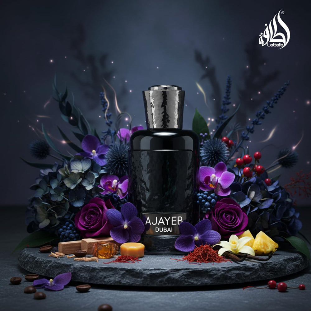 Lattafa Ajayeb Dubai ingredient grouping with saffron pineapple coffee for scent story