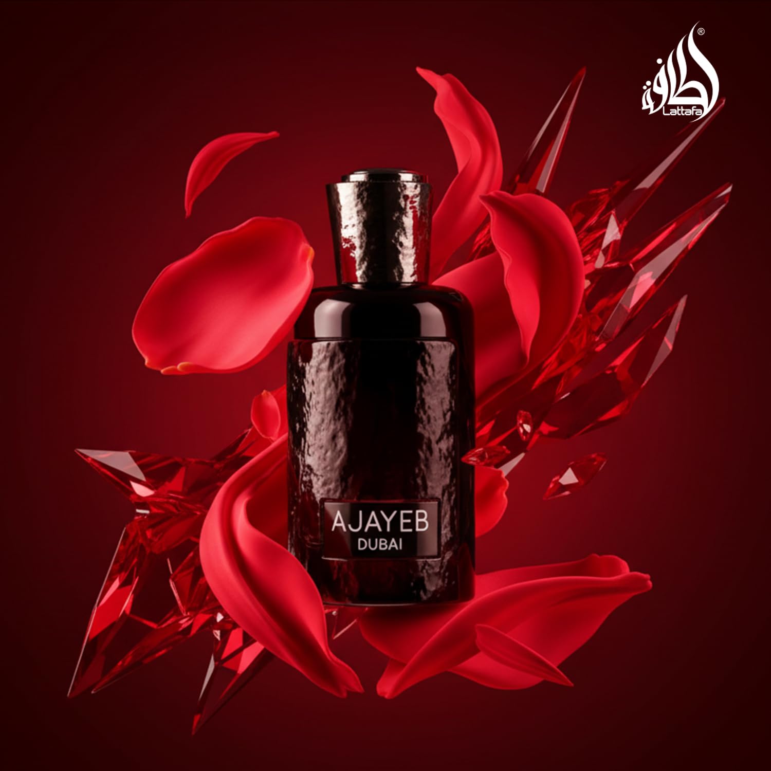 Lattafa Ajayeb Dubai golden liquid poured to show color and texture appeal