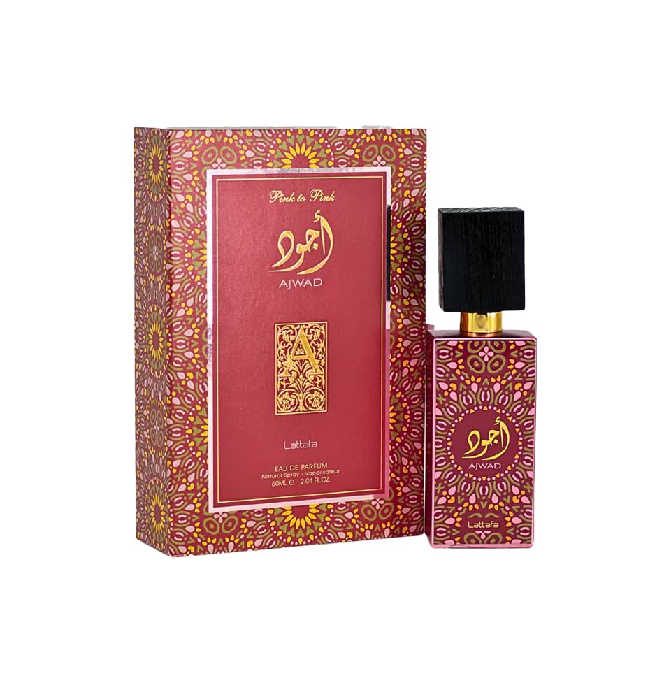 Lattafa Ajwad Pink to Pink angled profile showing glass shape and rosy hue for appeal