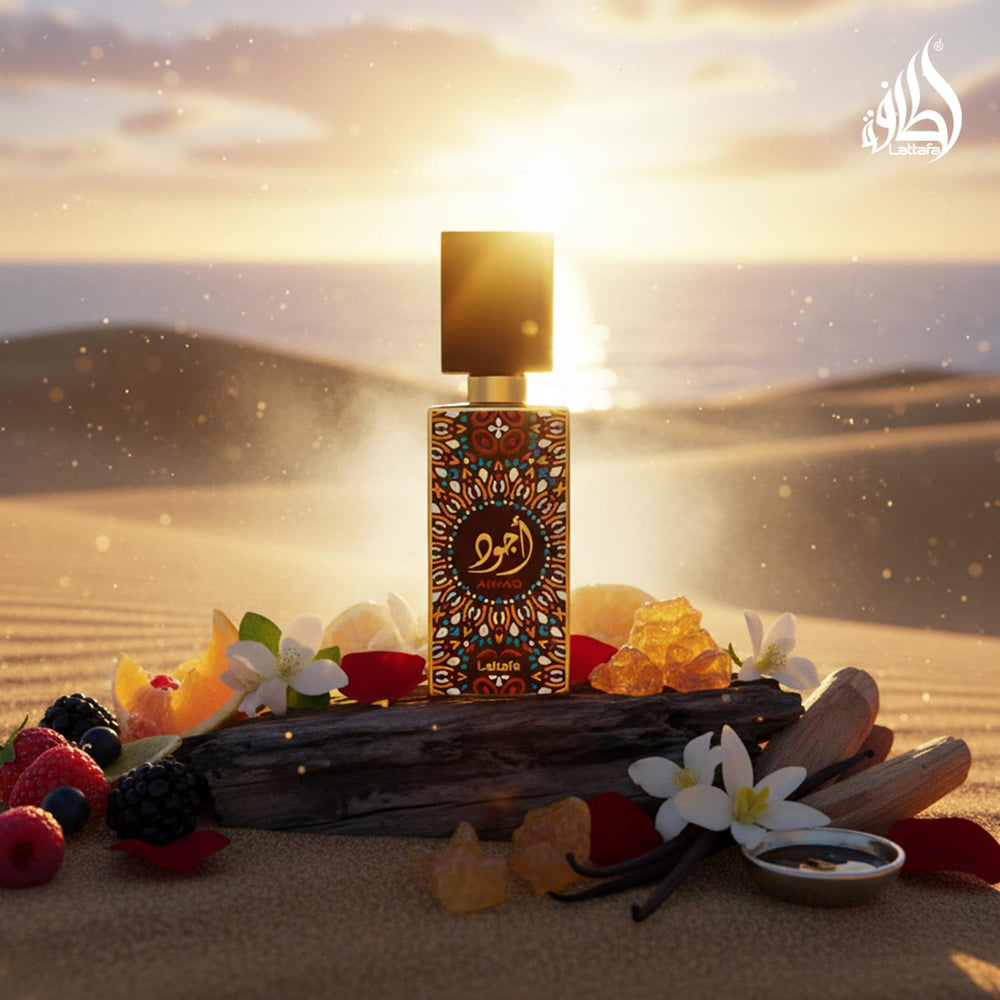 Lattafa Ajwad fragrance pour next to a ruler to show 2.0 oz scale and travel-ready size
