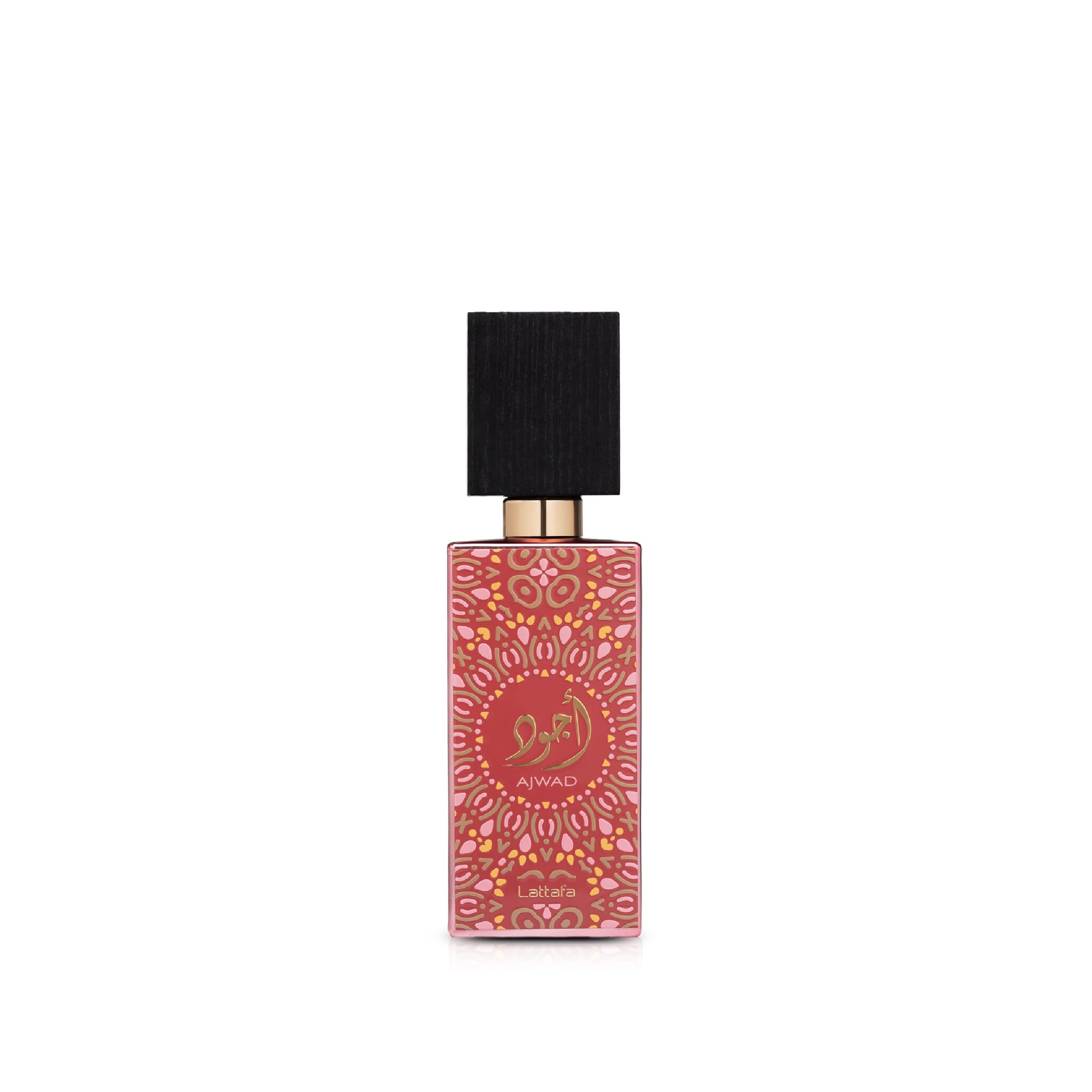 Lattafa Ajwad Pink to Pink front bottle view highlighting elegant design and compact size
