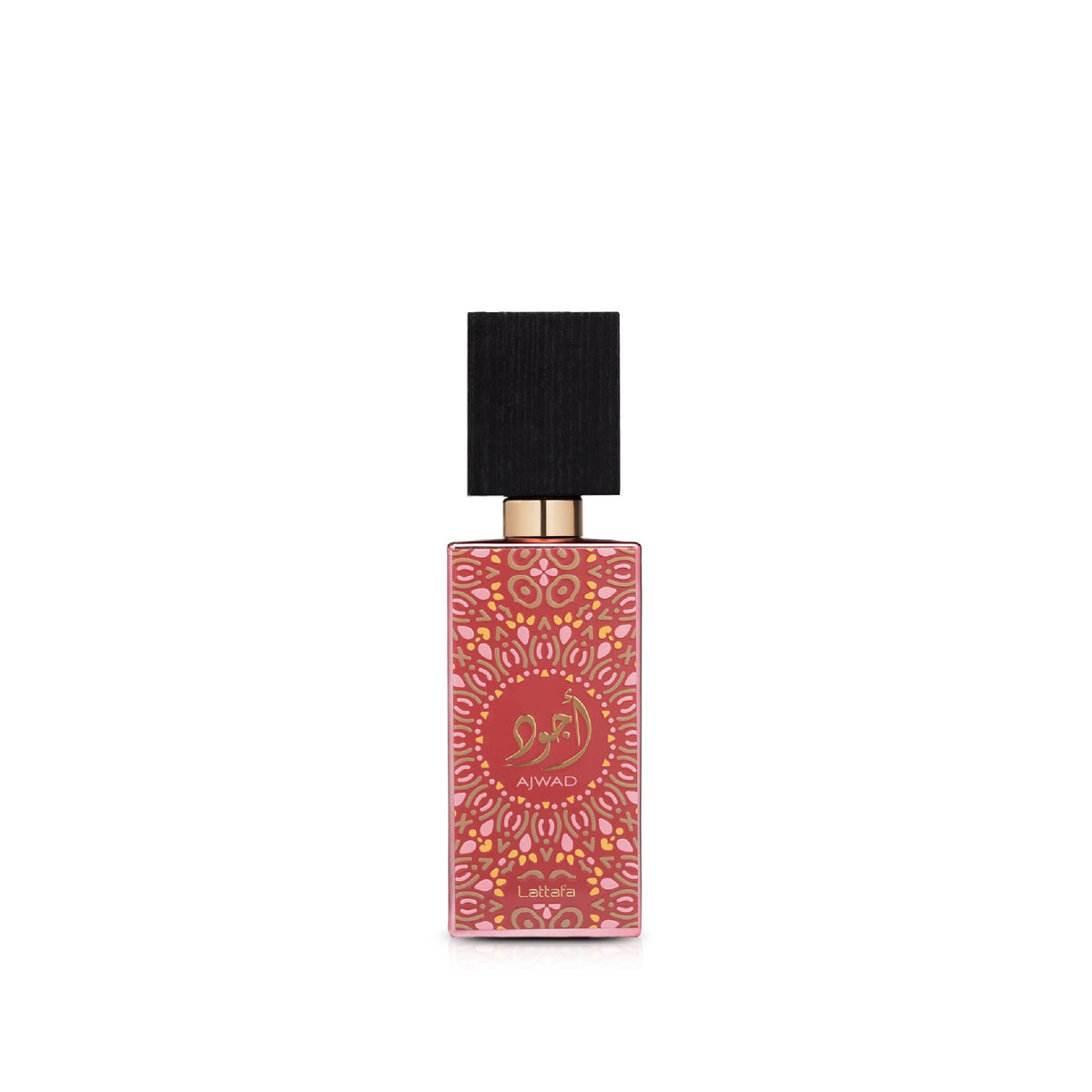 Lattafa Ajwad Pink to Pink front bottle view highlighting elegant design and compact size