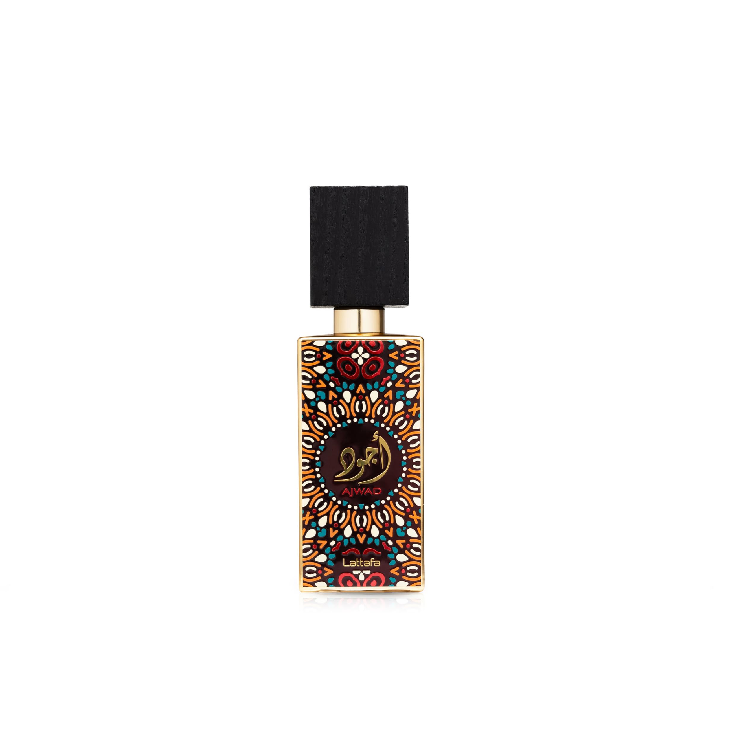 Lattafa Ajwad front bottle showing elegant design and clear glass benefit giftable presentation