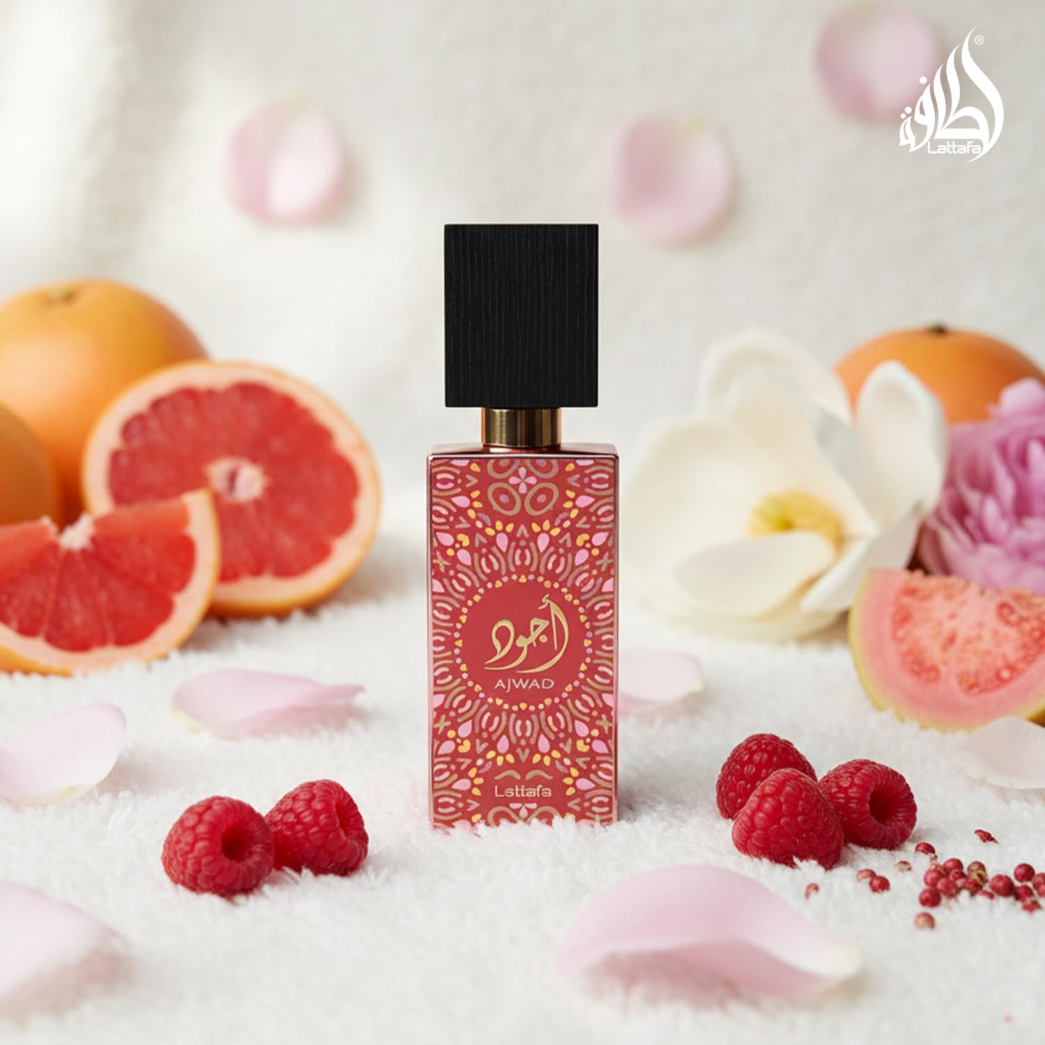 Lattafa Ajwad Pink to Pink liquid close-up showing color and texture for quality