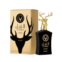Lattafa Al Noble Ameer front bottle showing elegant label and size benefits