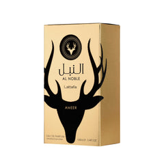 Lattafa Al Noble Ameer worn on wrist in lifestyle scene conveying confident long-lasting scent