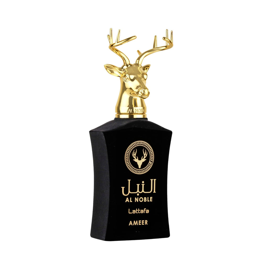 Lattafa Al Noble Ameer close-up of top notes apples and pink pepper highlighting freshness