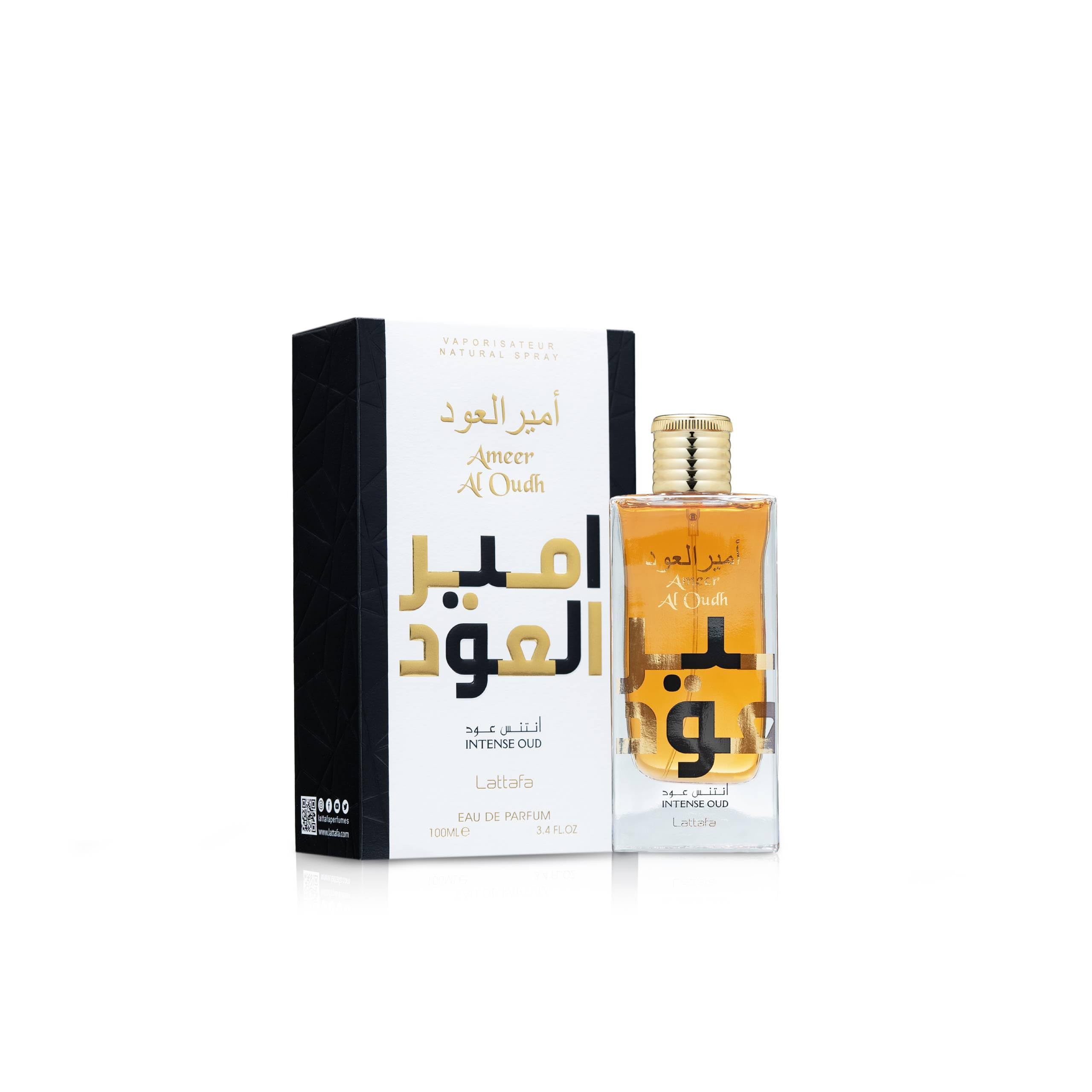 Lattafa Ameer Al Oud close-up of glass bottle highlighting rich amber color and elegance