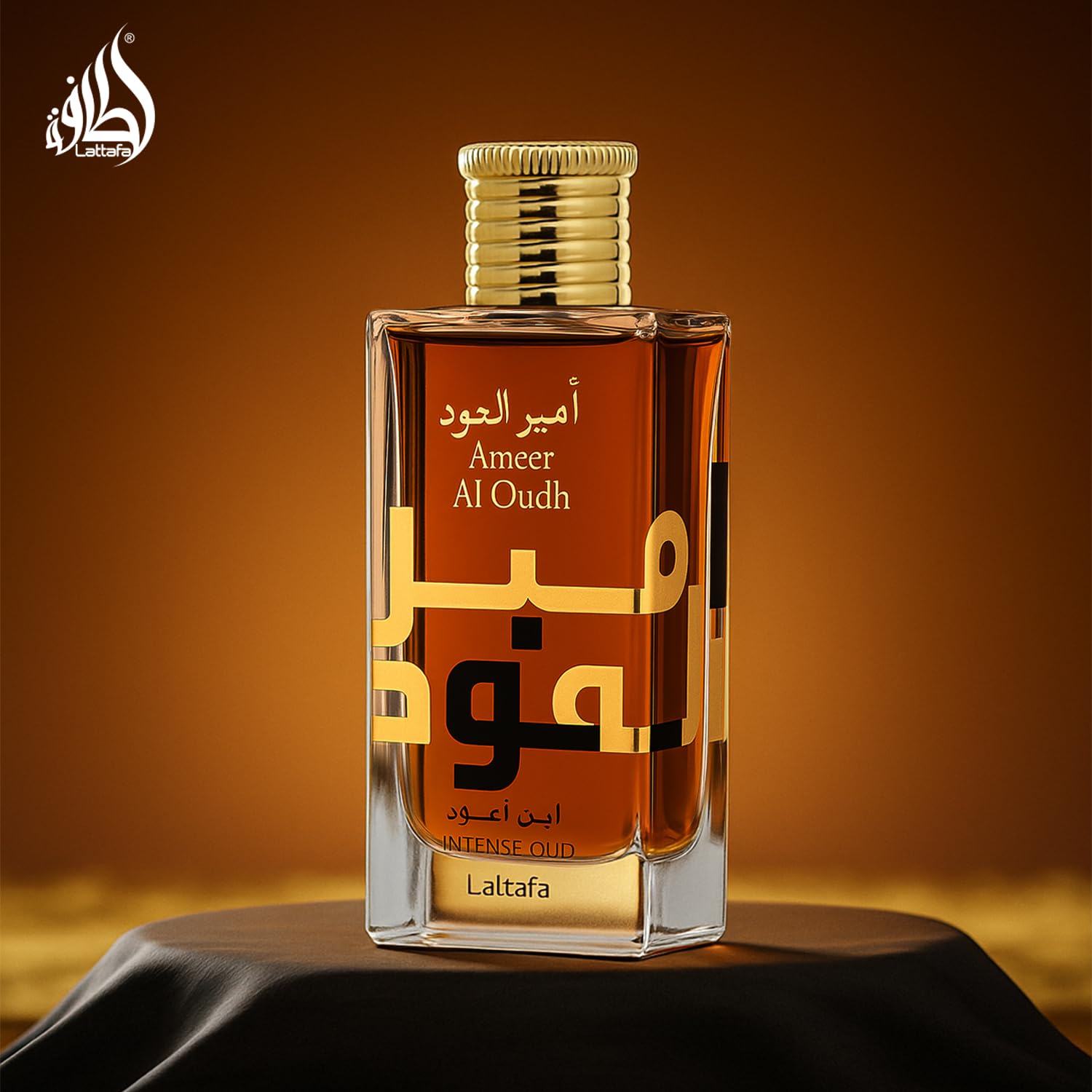 Lattafa Ameer Al Oud size comparison beside ruler showing true 3.4 ounce dimensions