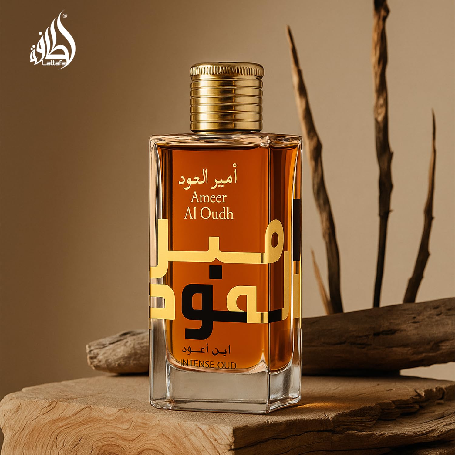 Lattafa Ameer Al Oud visual of amber resin texture expressing warm, woody notes