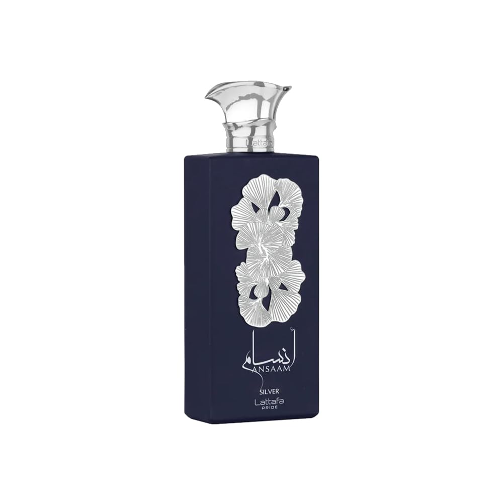 Lattafa Ansaam Silver front bottle showing sleek design and lasting presence