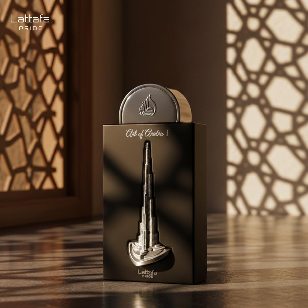 Lattafa bottle beside common objects showing 3.4 ounce scale and travel practicality