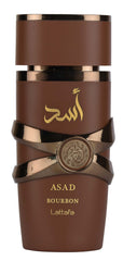 Lattafa Asad Bourbon front bottle view showing elegant silhouette and lasting impression