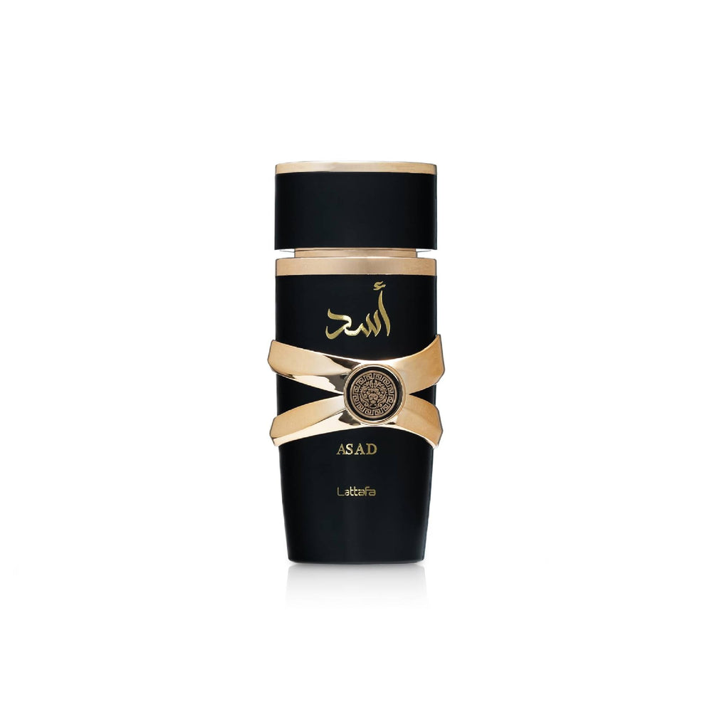 Lattafa Asad front bottle view showcasing elegant design and unisex appeal