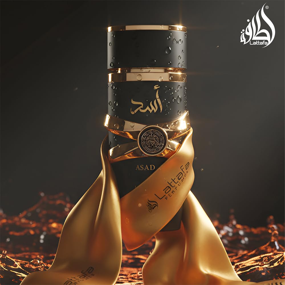 Lattafa Asad bottle beside a ruler to show 3.4 ounce size and travel-ready benefit