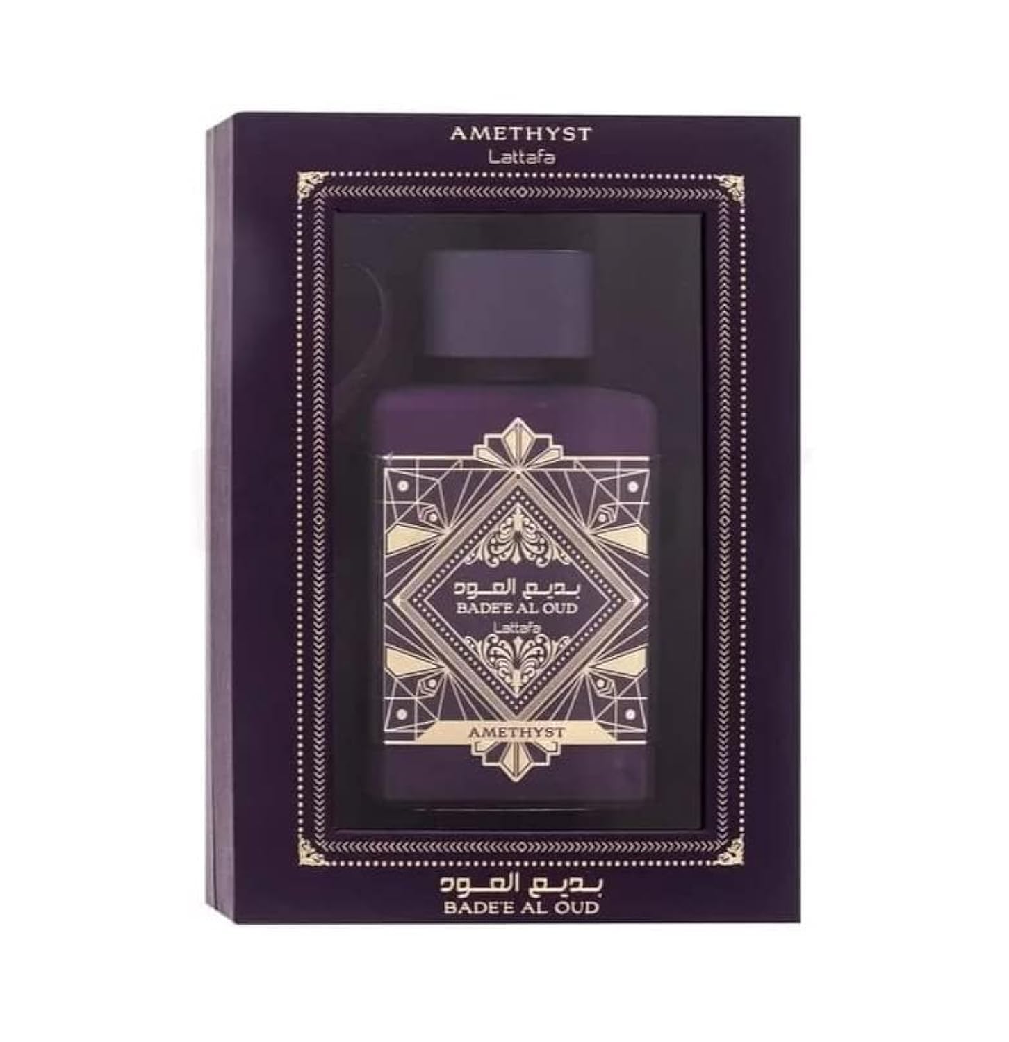 Lattafa Bade'e Al Oud Amethyst front packaging showing 100ml bottle and label, conveys premium quality