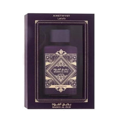 Lattafa Bade'e Al Oud Amethyst front packaging showing 100ml bottle and label, conveys premium quality