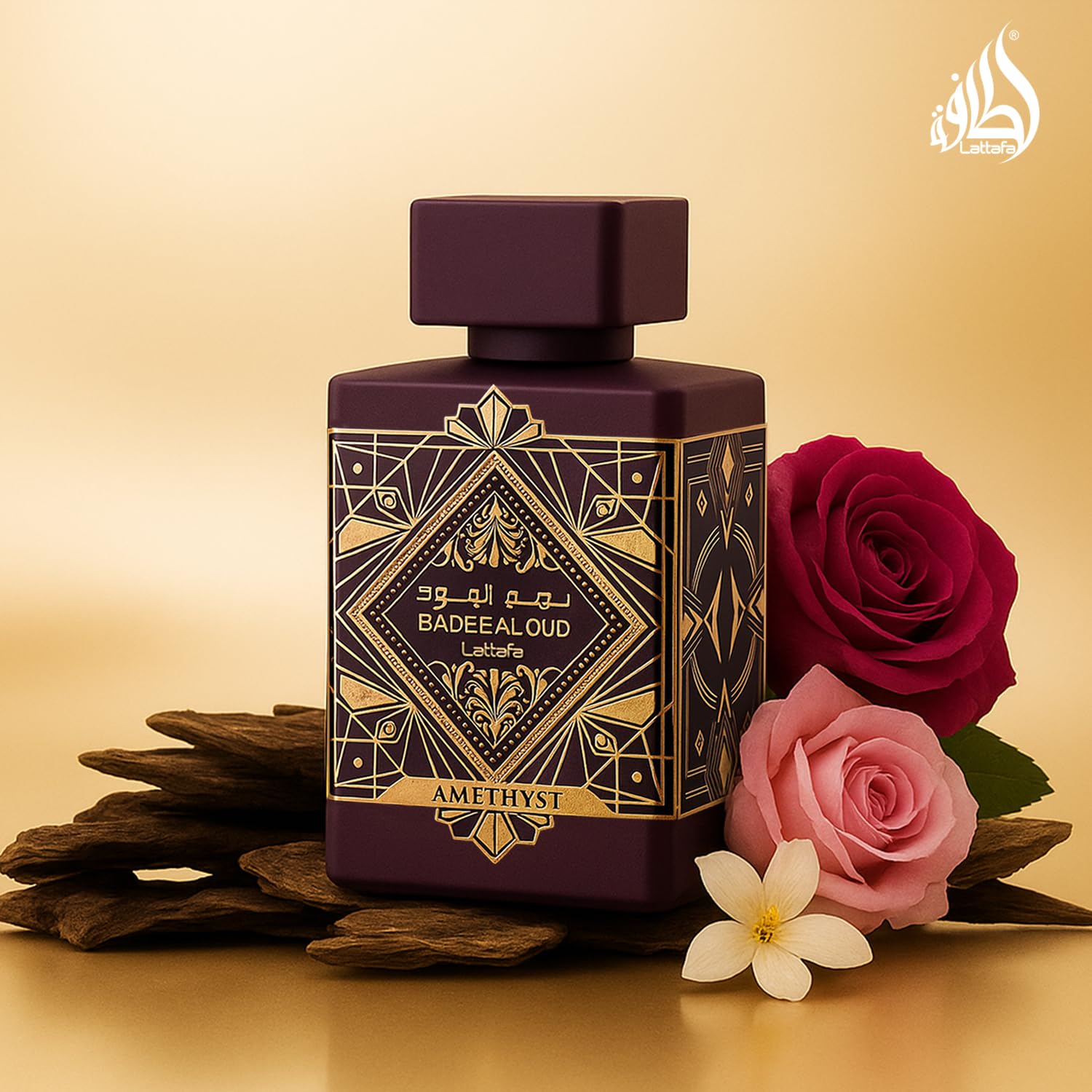 Lattafa texture visual with oil beads showing rich amber-vanilla impression