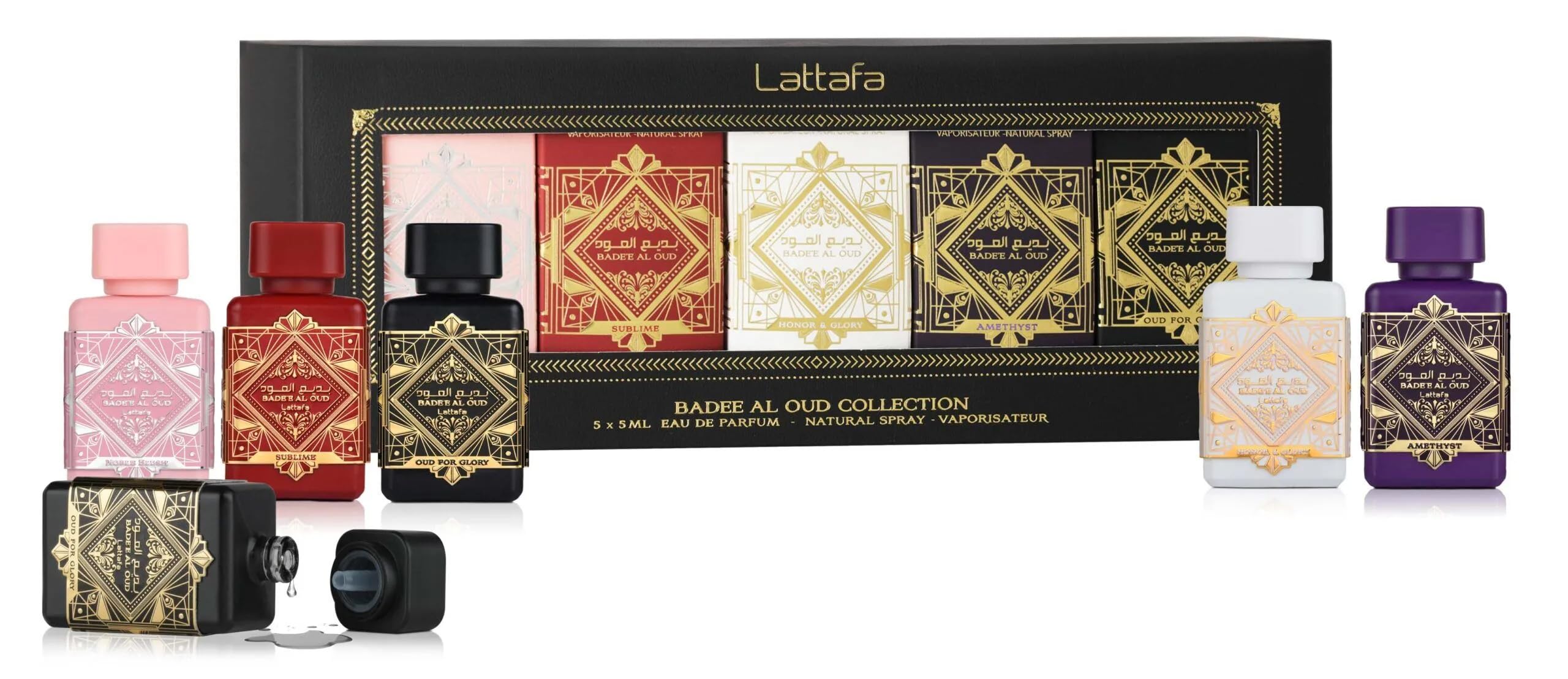 Lattafa Bade'e Al Oud collection boxed set front view showing five 5ml bottles and gift presentation