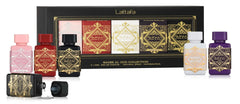 Lattafa Bade'e Al Oud collection boxed set front view showing five 5ml bottles and gift presentation