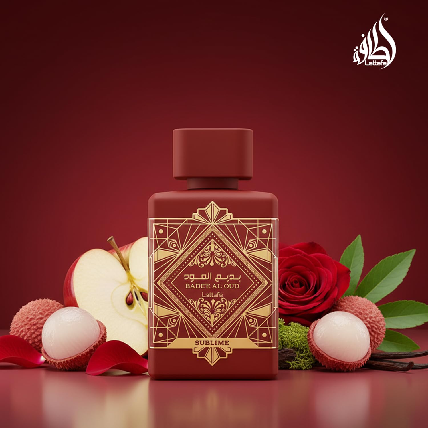 Lattafa top notes display of apple litchi and rose conveying fresh brightness