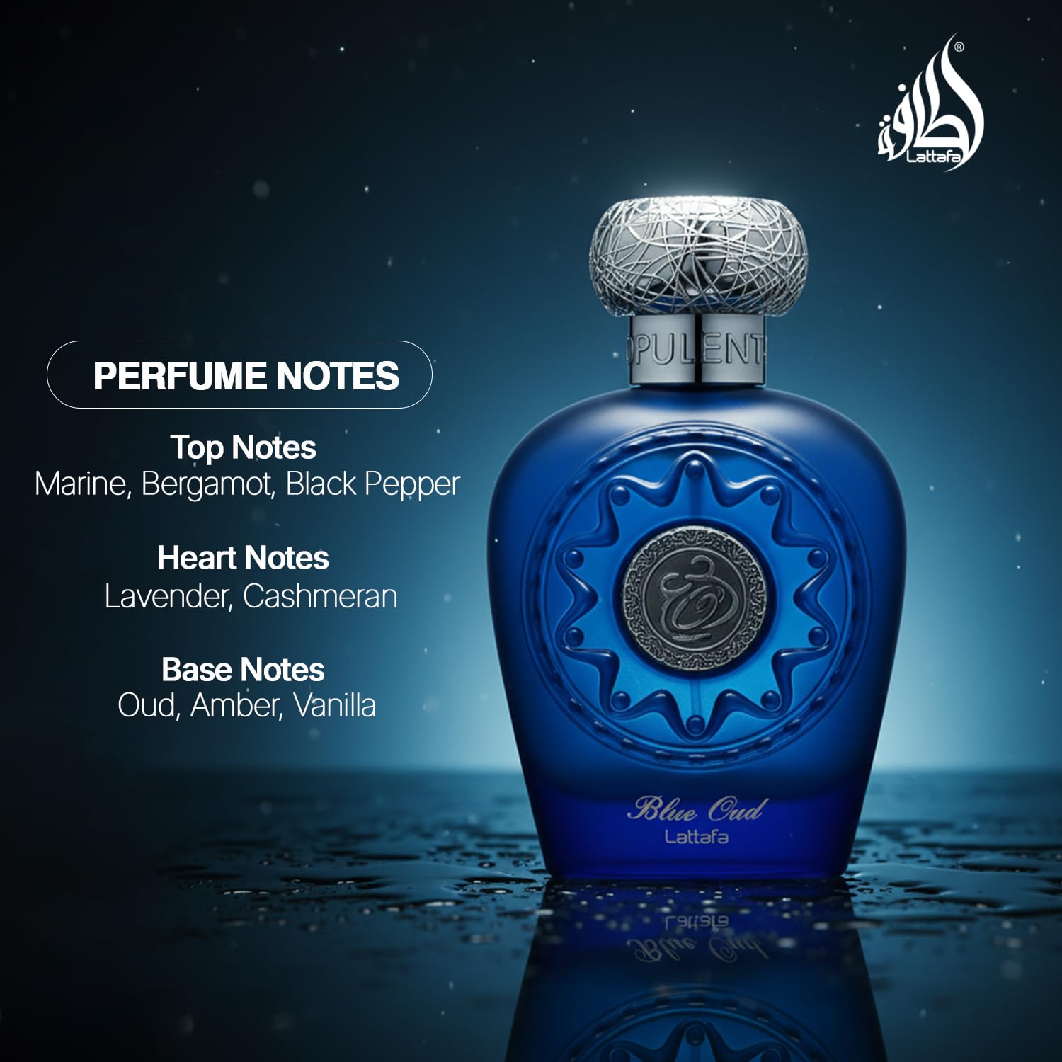 Lattafa Blue Oud bottle beside key notes list showing scent composition clarity