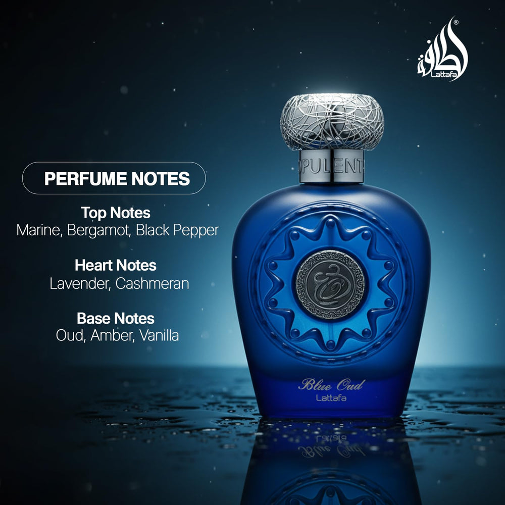 Lattafa Blue Oud bottle beside key notes list showing scent composition clarity