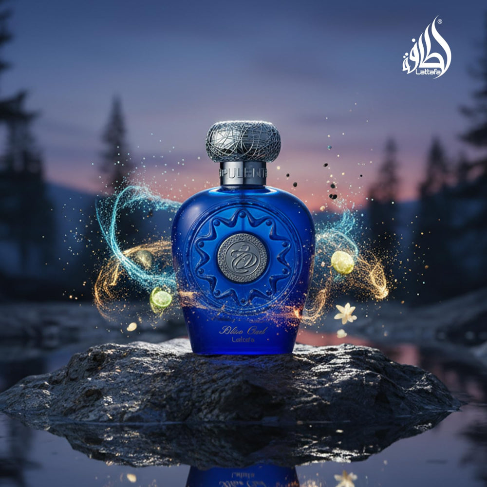 Lattafa Blue Oud on a vanity with accessories showing lifestyle versatility