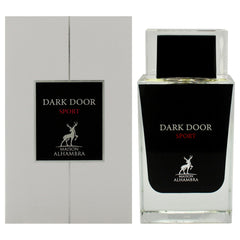 Lattafa Dark Door Sport front bottle showing label and glass benefit: clear styling