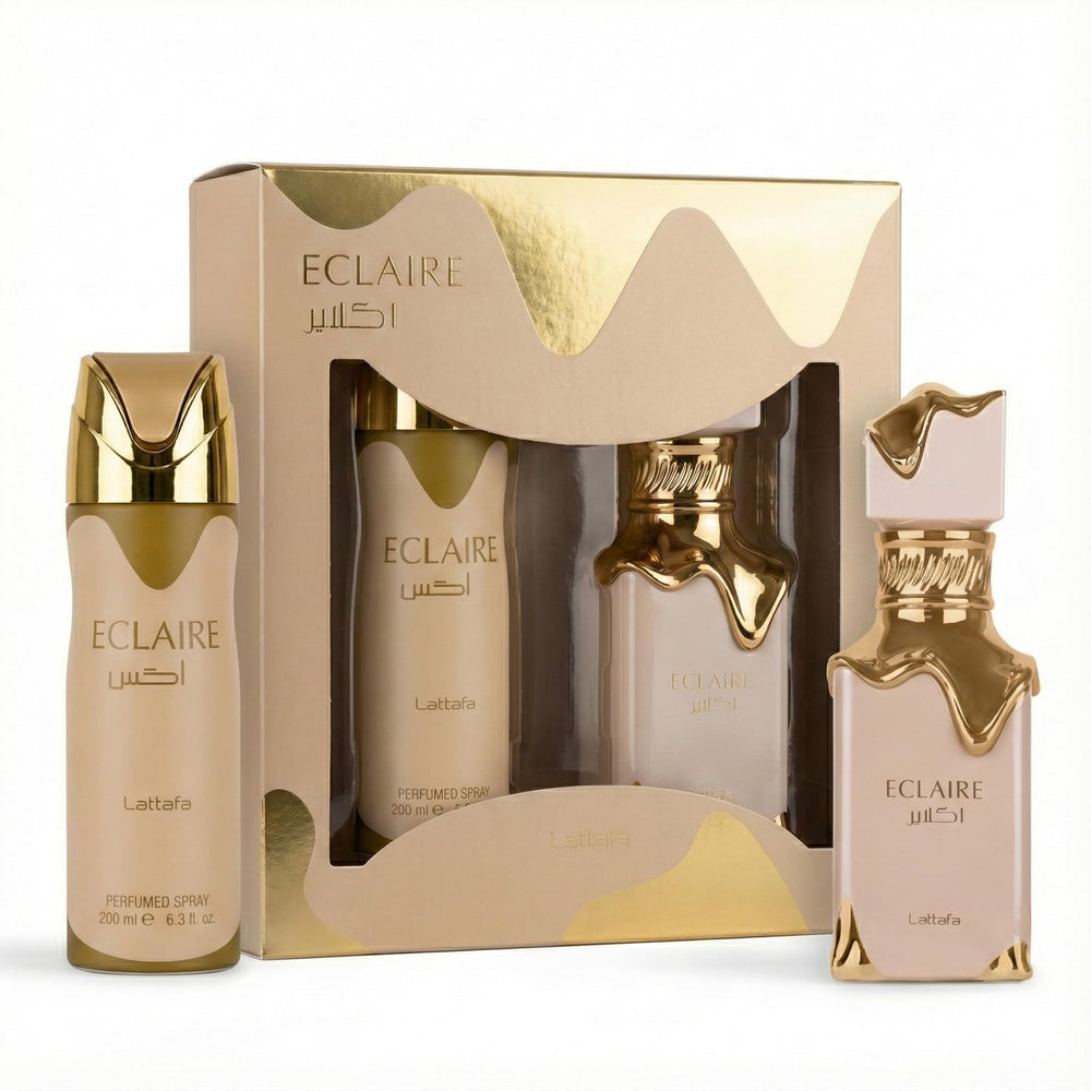 Lattafa Eclaire body spray being misted on wrist for quick refresh and all-day scent