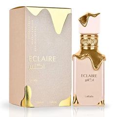 Lattafa Eclaire bottle front view showing elegant design and brand appeal