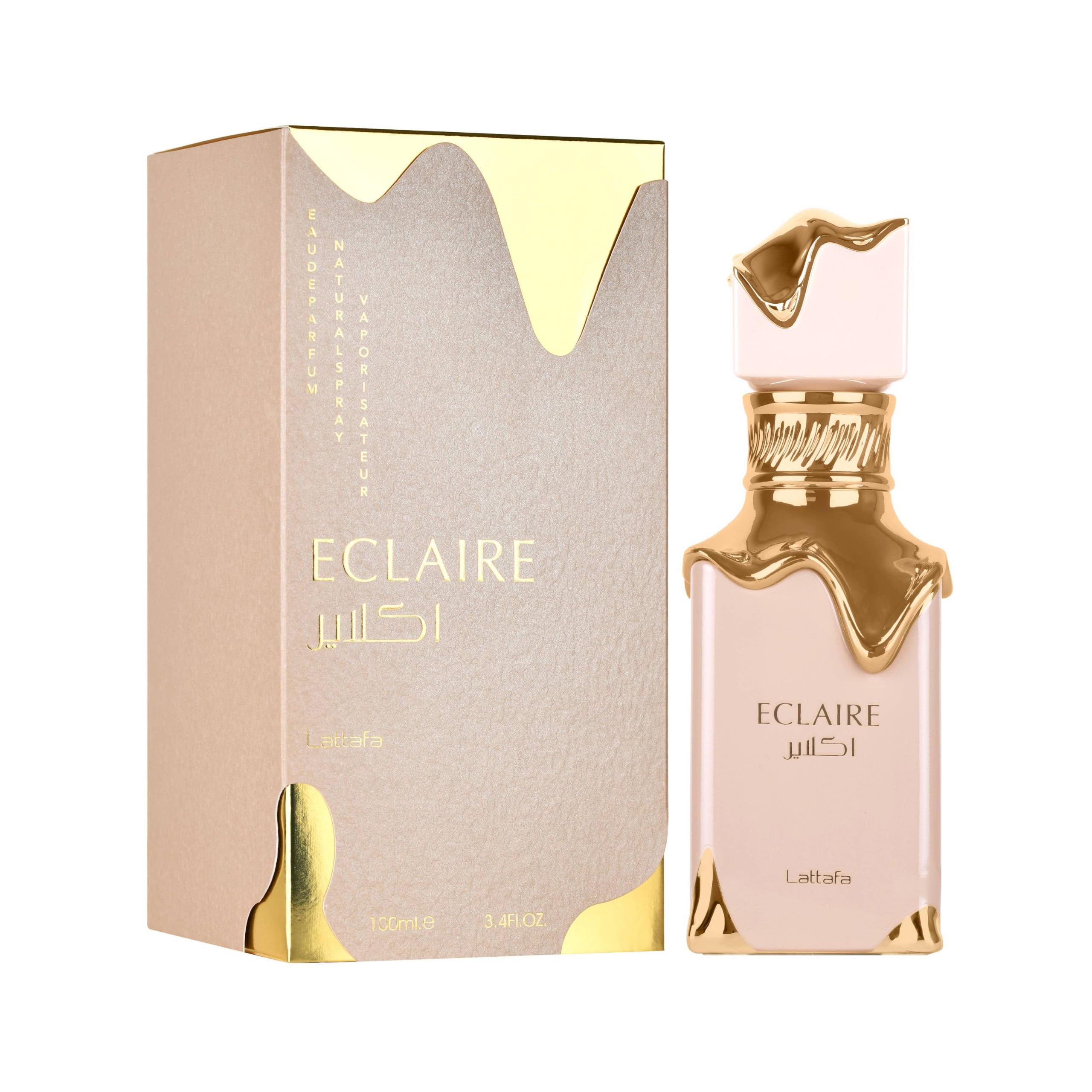 Lattafa Eclaire box and bottle angled to highlight packaging and gifting appeal