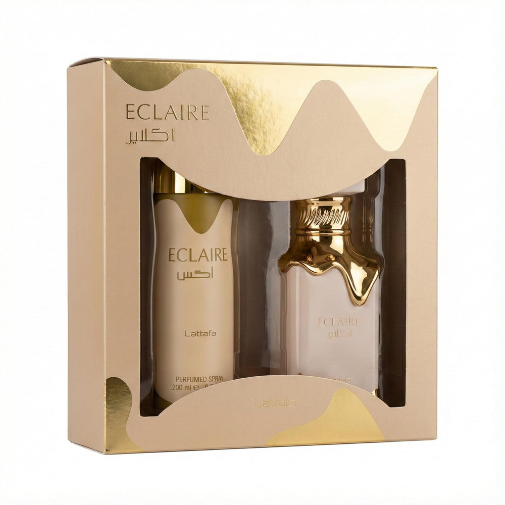 Lattafa Eclaire front packaging showing complete gift set and elegant presentation benefit