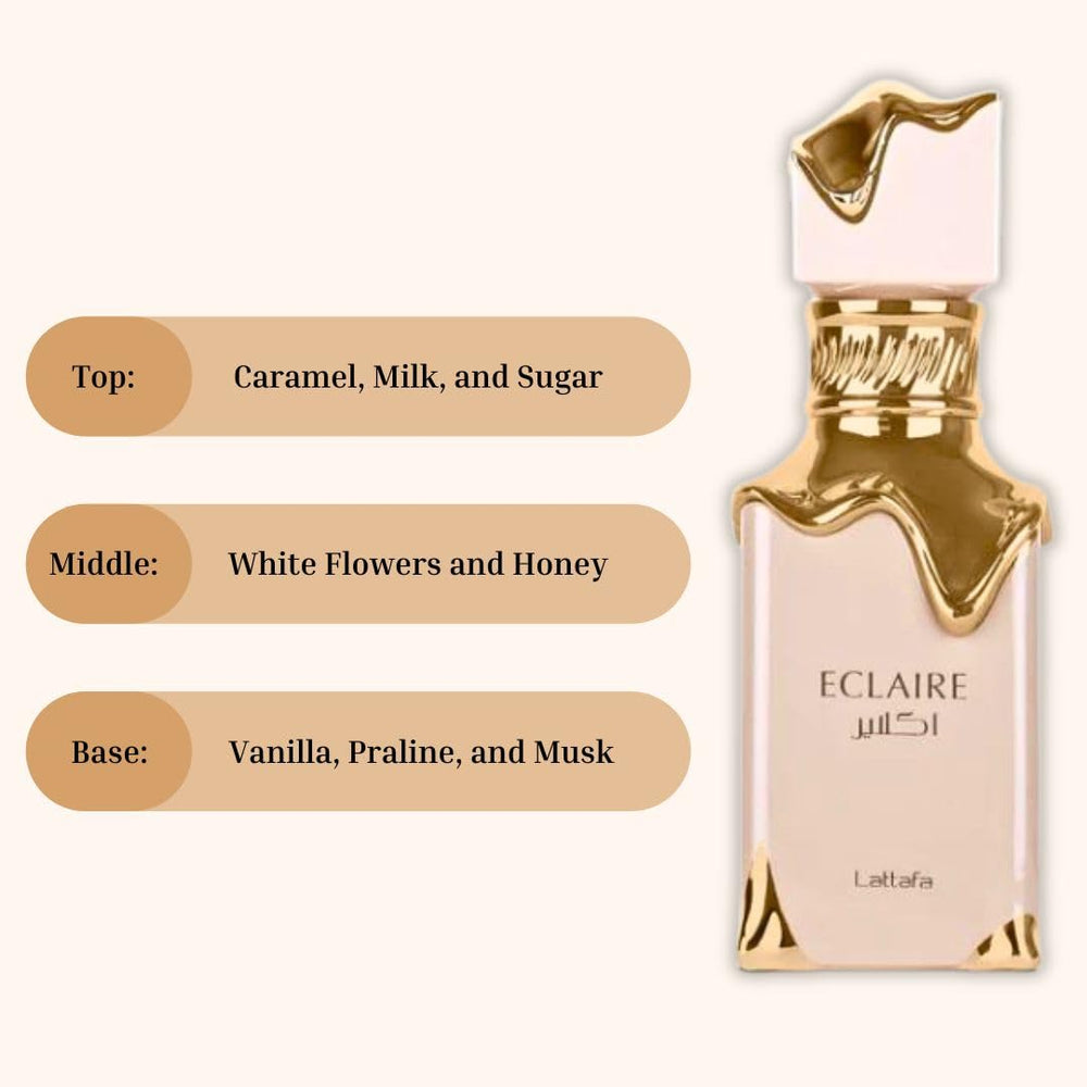Lattafa Eclaire ingredient board with caramel, vanilla, and flowers for scent clarity